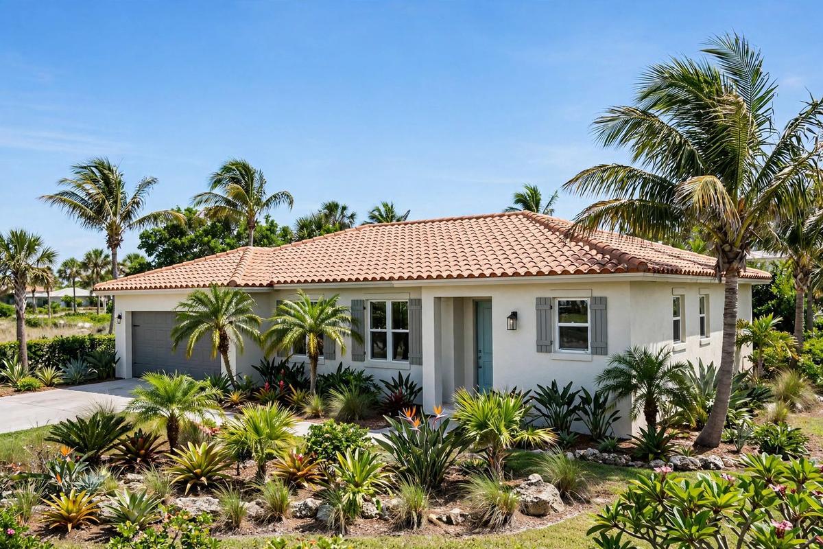 Exterior of an upscale coastal contemporary home in Siesta Key, Florida with a manicured lawn on a clear day.