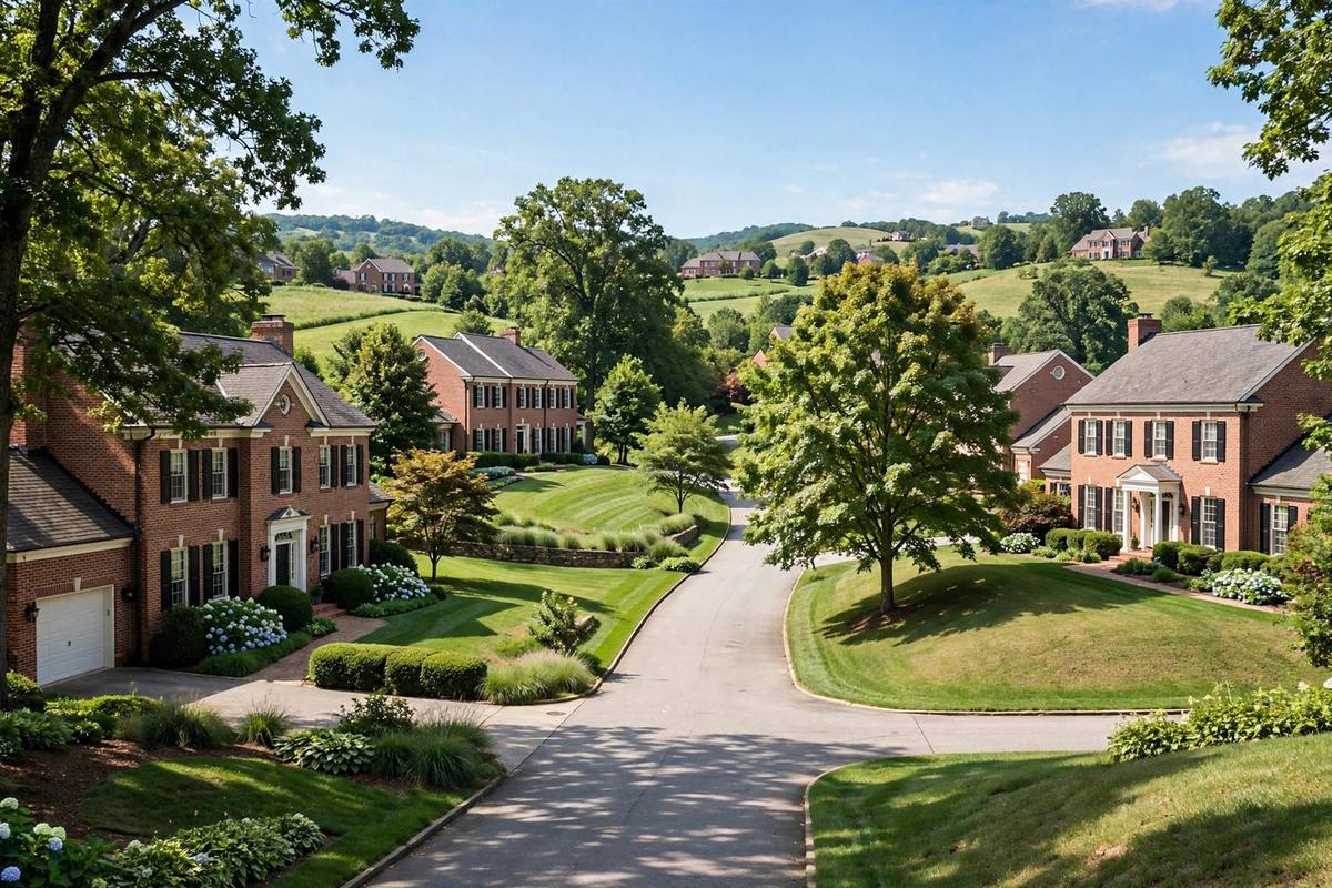 Upscale residential street in Brentwood, Tennessee, with two-story brick colonial homes and rolling lawns.