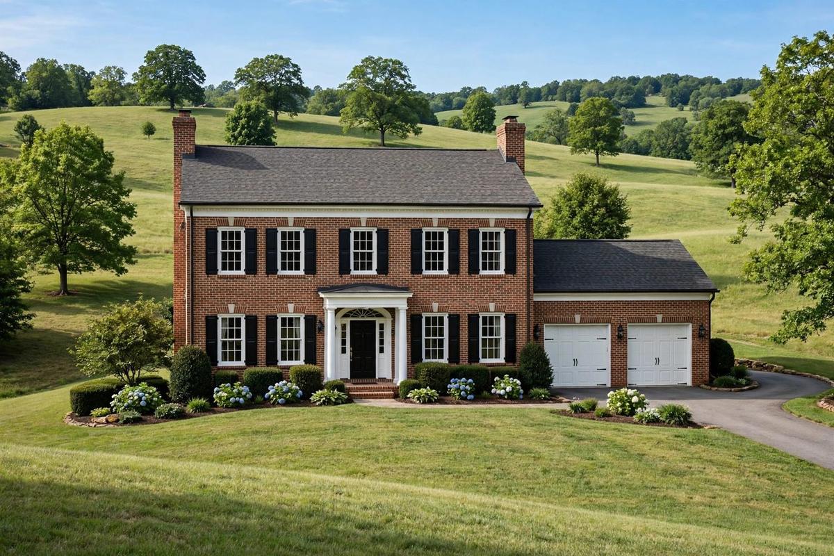 Exterior of an upscale two-story brick colonial home in Brentwood, Tennessee, with a rolling lawn.