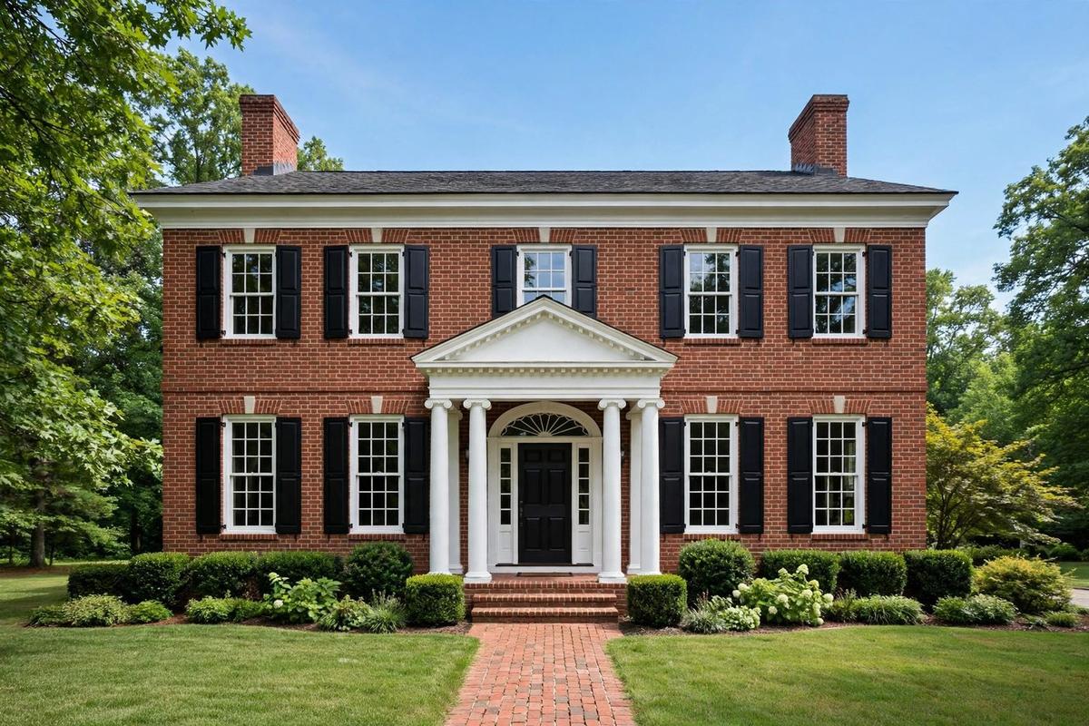 Exterior of an upscale brick colonial traditional home in Franklin, Tennessee with a manicured lawn on a clear day.
