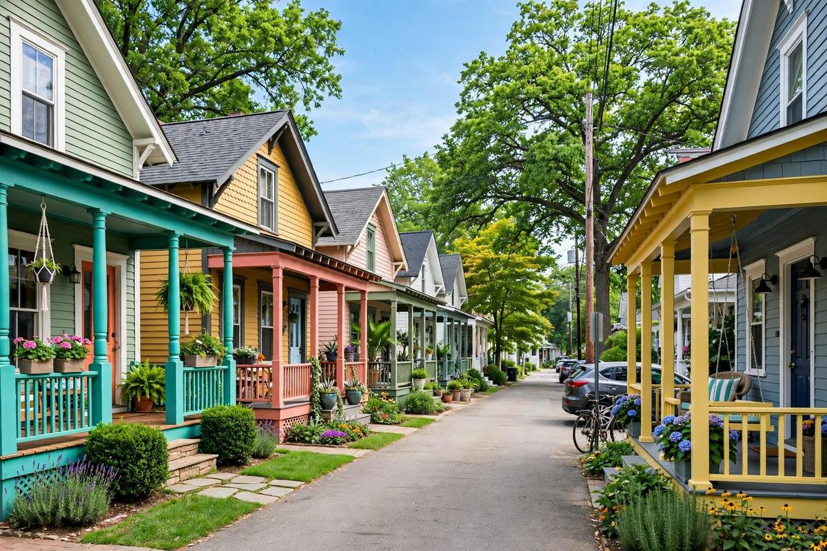 Vibrant residential street in 12 South, Nashville, Tennessee, with renovated craftsman bungalows and colorful porches.