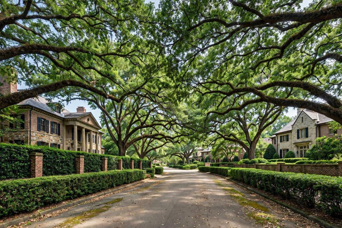 Grand tree-canopied street in Belle Meade, Nashville, Tennessee, with estate homes set behind manicured hedges.