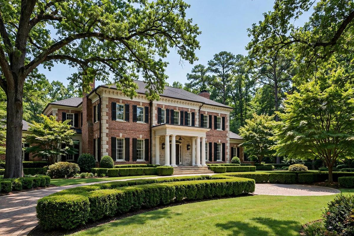 Exterior of an upscale estate home in Belle Meade, Nashville, Tennessee, with manicured hedges and mature trees.