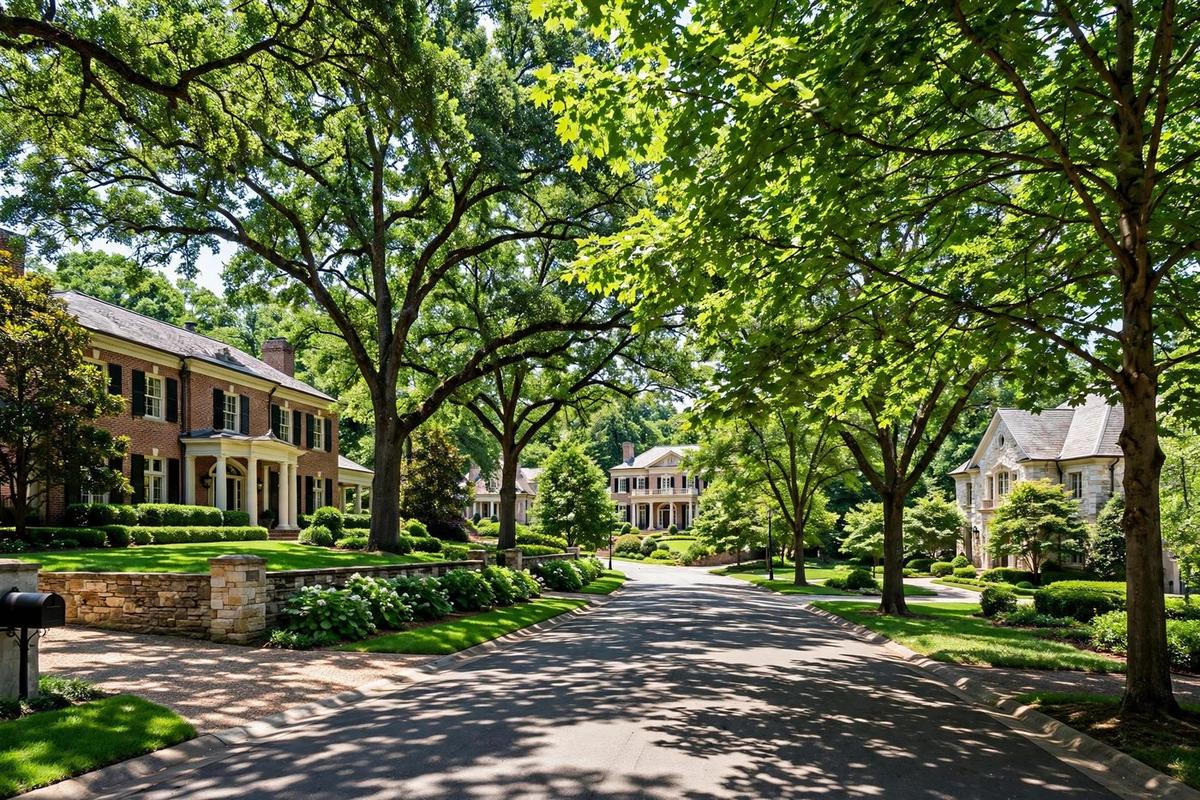 Street scene in Belle Meade, Tennessee, with estate homes on large lots along a tree-lined street
