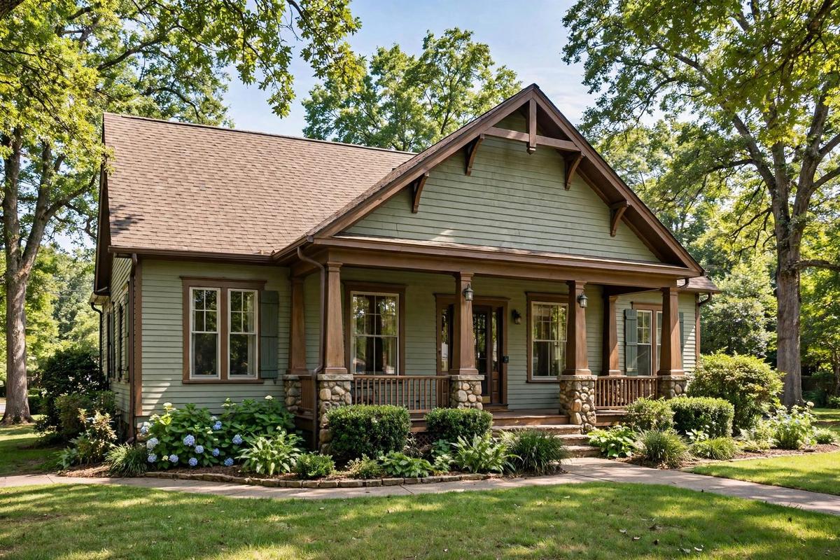 Exterior of an upscale craftsman bungalow home in Nashville, Tennessee with a manicured lawn on a clear day.