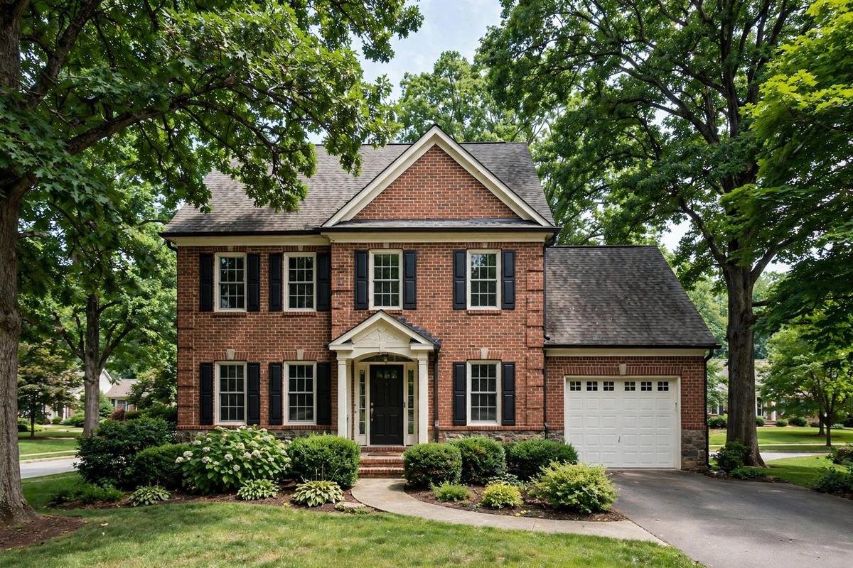 Exterior of an upscale brick colonial traditional home in Prospect, Kentucky with a manicured lawn on a clear day.