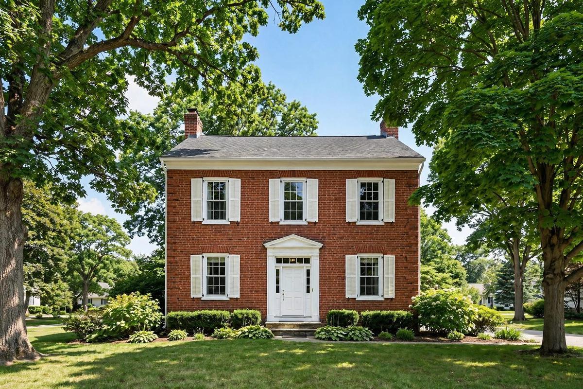 Exterior of a brick Colonial home in Glencoe, Illinois with a manicured lawn and tall hedges.