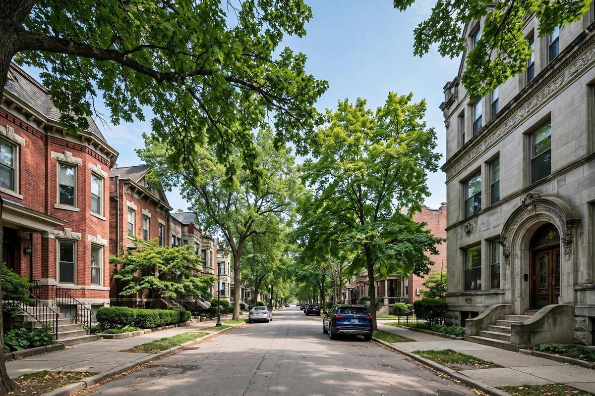 Tree-lined Lincoln Park street with classic brick and limestone row houses and front gardens.