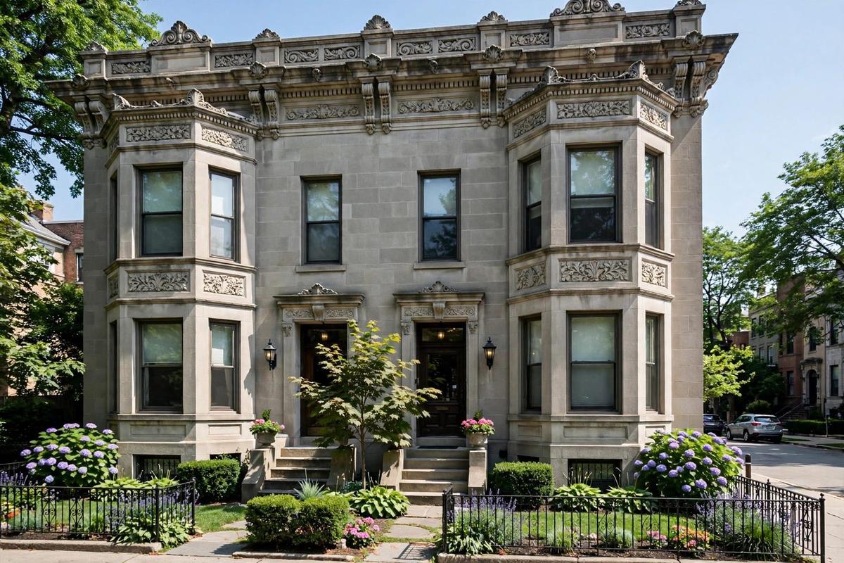 Upscale brick and limestone townhouse in Lincoln Park, Chicago with an ornate entry and iron fence.