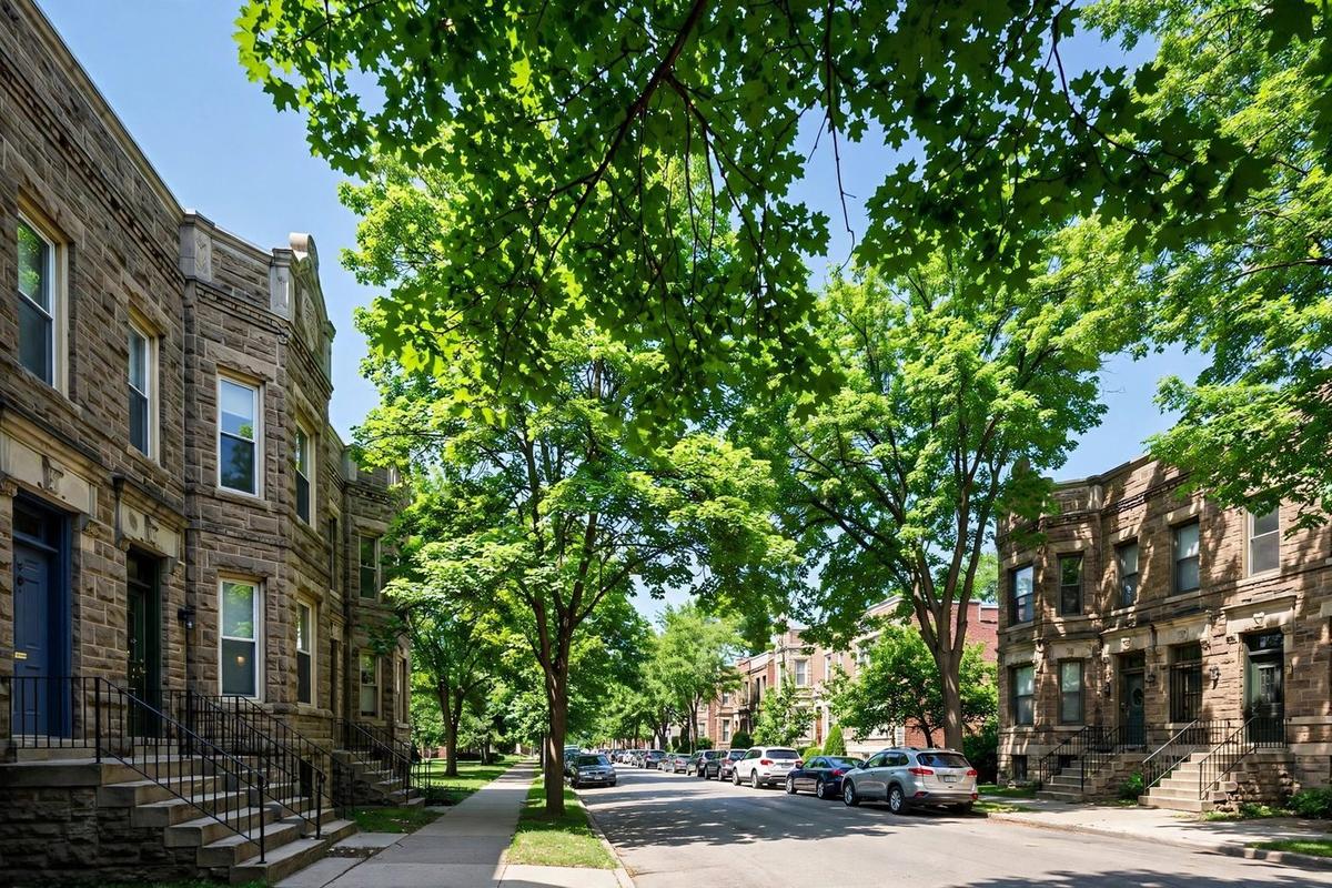 Lakeview block of vintage brick apartment buildings and greystone homes along a tree-lined street.