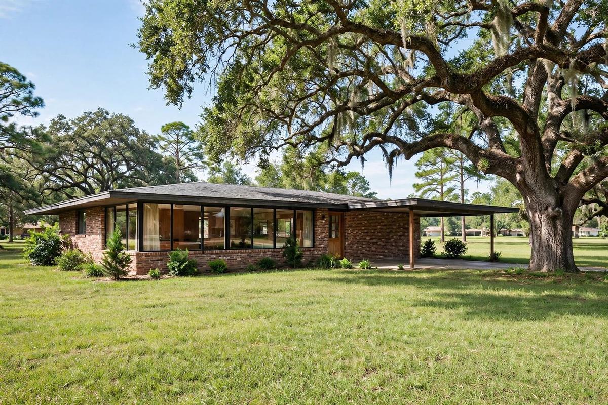 Brick ranch home in Garden Oaks, Houston with a carport and manicured lawn.