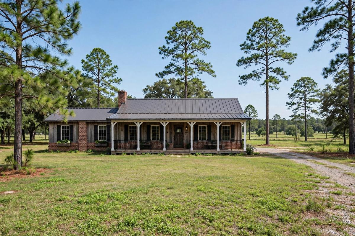 Modern farmhouse home in Montgomery, Texas with a metal roof and wraparound porch on open acreage.