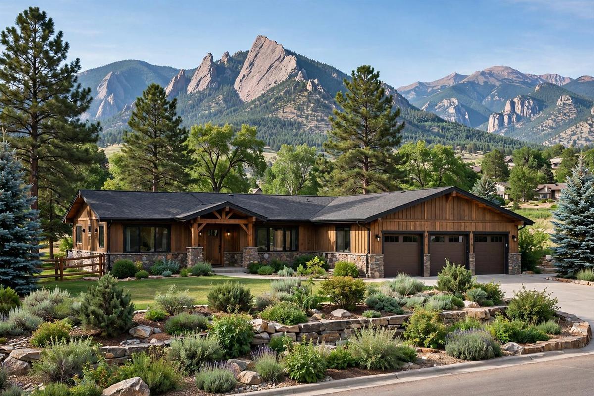 Brick ranch home in Louisville, Colorado with Rocky Mountain foothills behind.