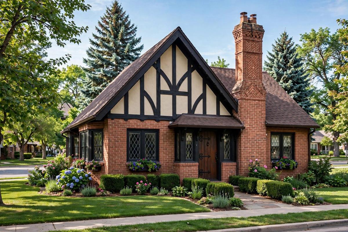 Tudor-style brick bungalow in Bonnie Brae, Denver with a steep gable and decorative chimney.