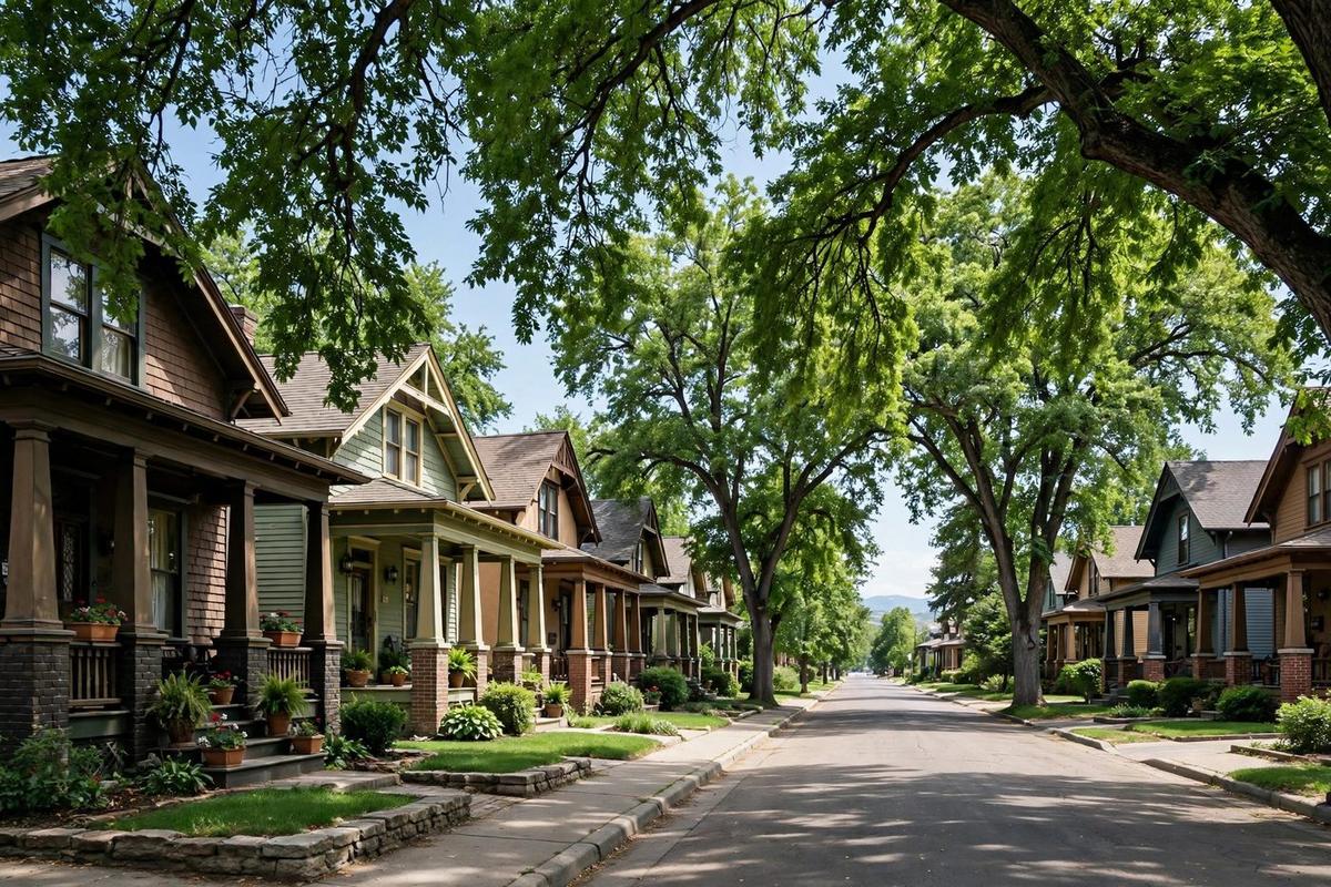 Platt Park street of craftsman bungalows with deep front porches and mature elms.