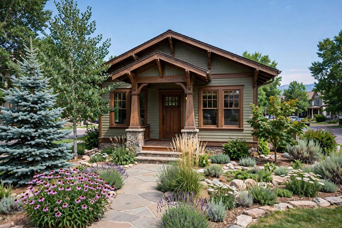 Craftsman bungalow in Platt Park, Denver with tapered porch columns and a landscaped yard.