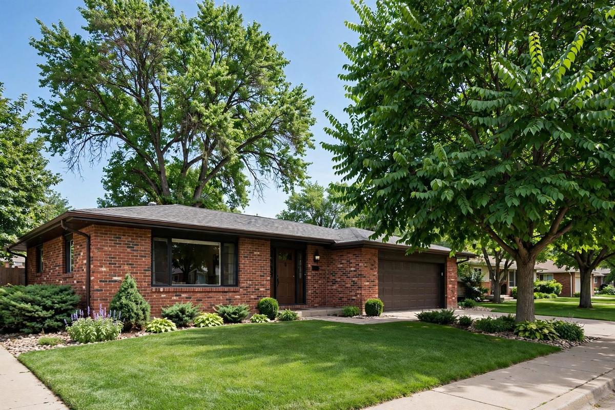 Brick ranch home in Montclair, Denver with an attached garage and landscaped yard.