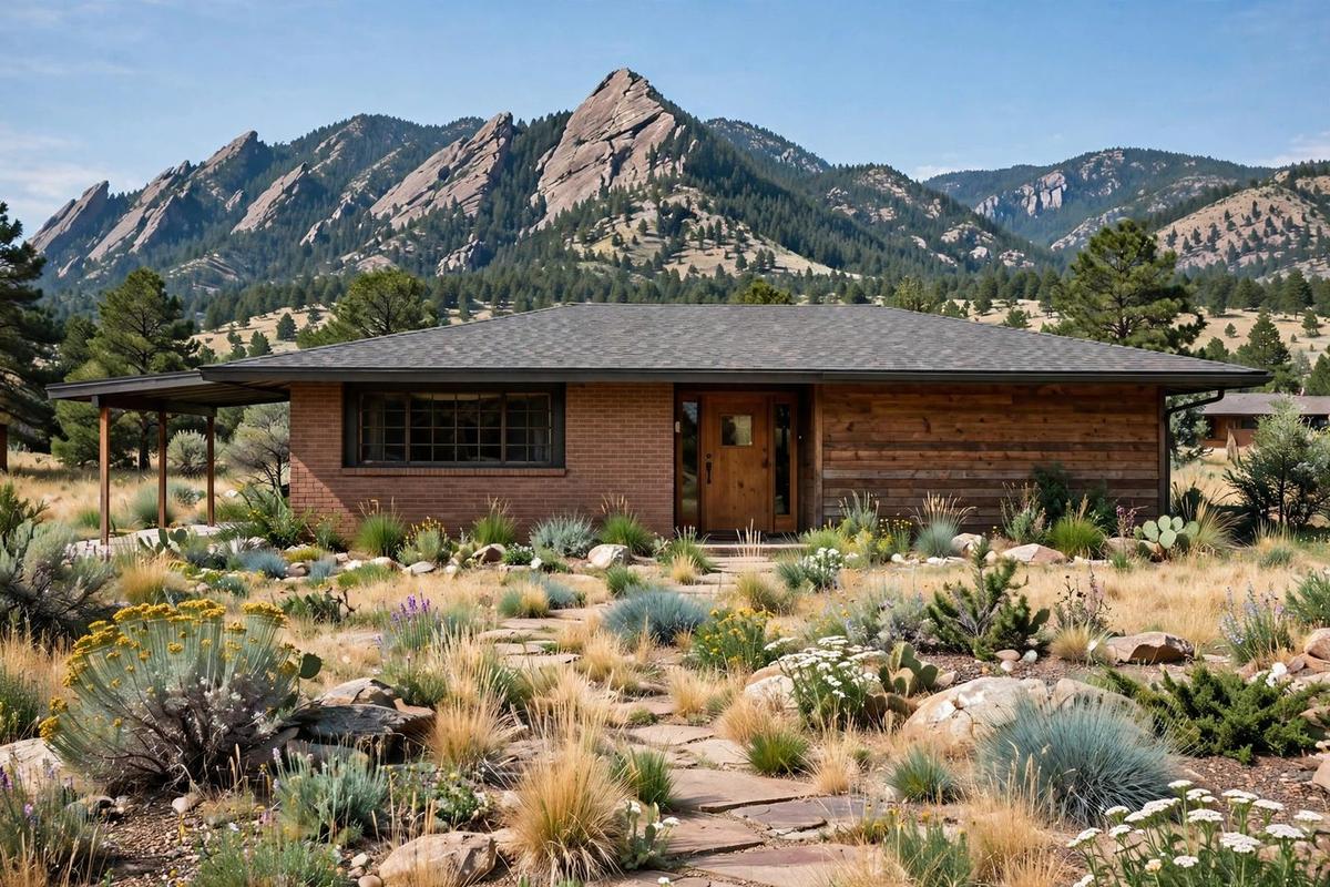 Ranch home in Boulder, Colorado with mountain views and native grass landscaping.
