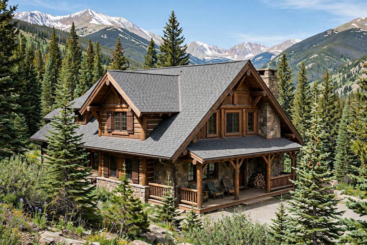 Rustic mountain chalet in Breckenridge with timber and stone facade set among pines.