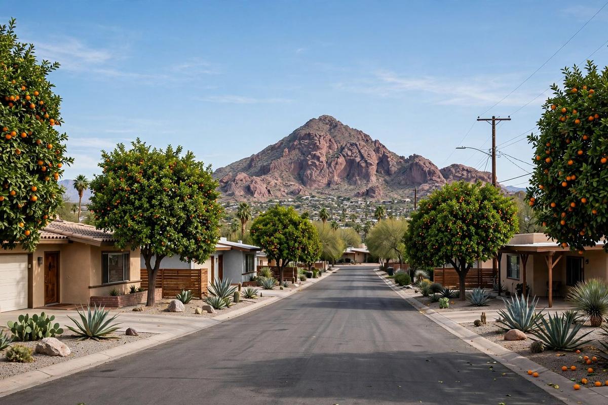 Tree-lined Arcadia street in Phoenix, Arizona, with mid-century ranch homes, mature citrus trees, and Camelback Mountain in the distance.