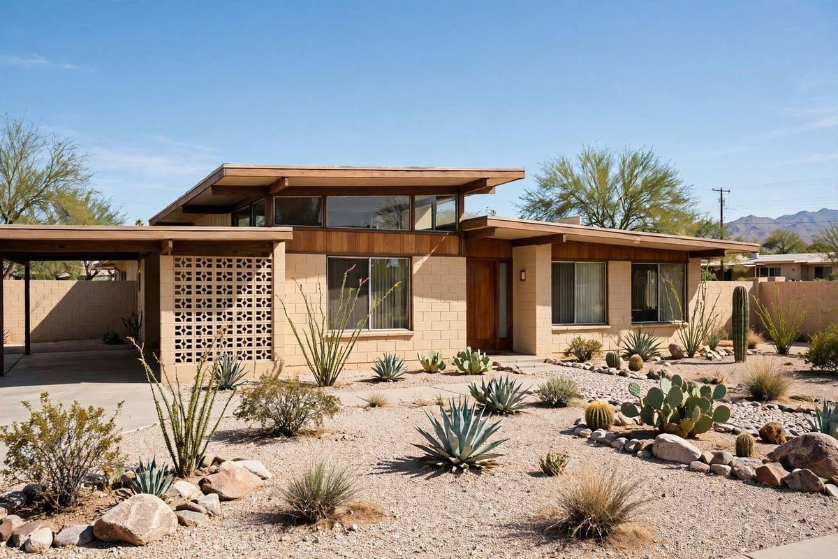 Upscale ranch home in Old Town Scottsdale, Arizona, with desert landscaping of cactus and gravel.
