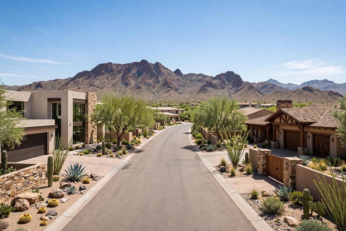 Upscale street in Paradise Valley, Arizona, with large contemporary and traditional estates on acre parcels beneath mountain views.
