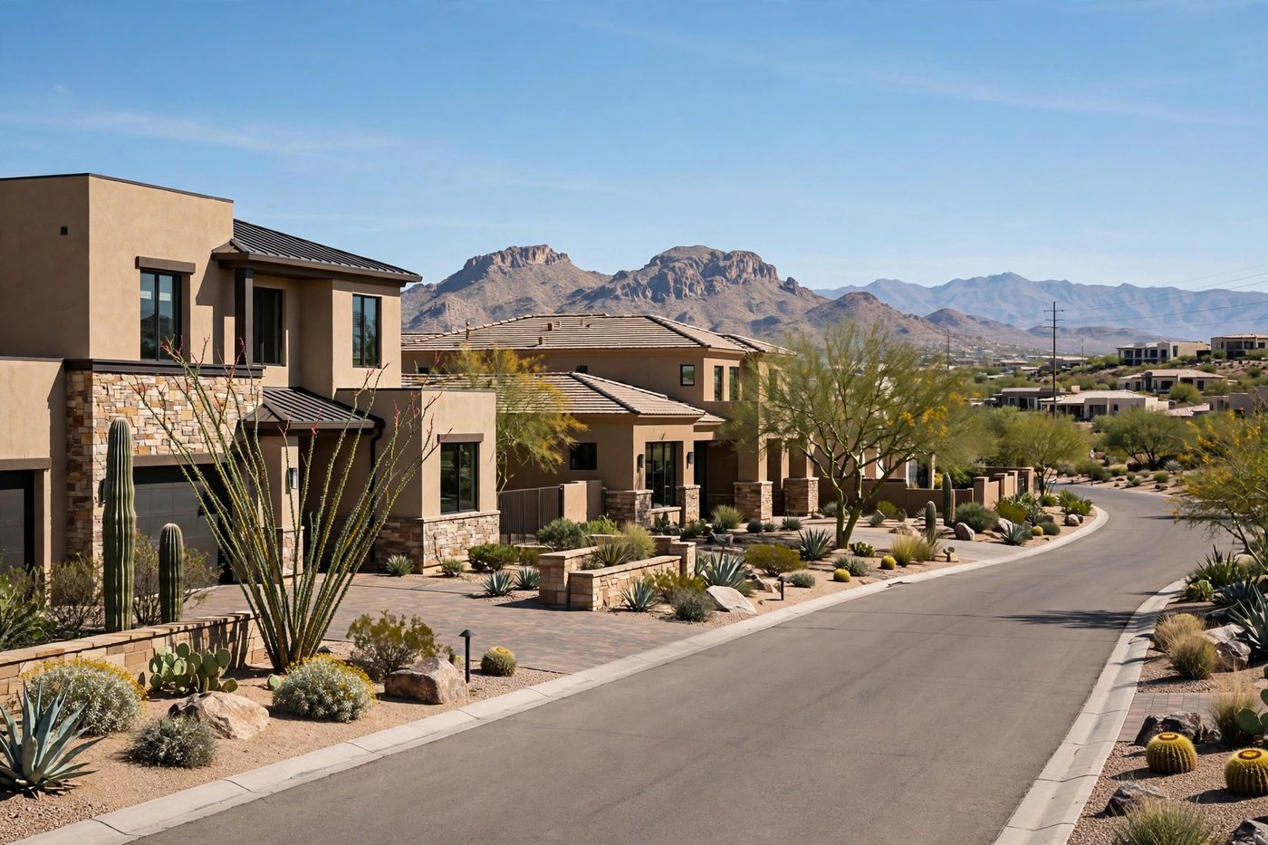 Residential street near Kierland and Scottsdale Airpark, Arizona, with upscale desert homes on large lots.
