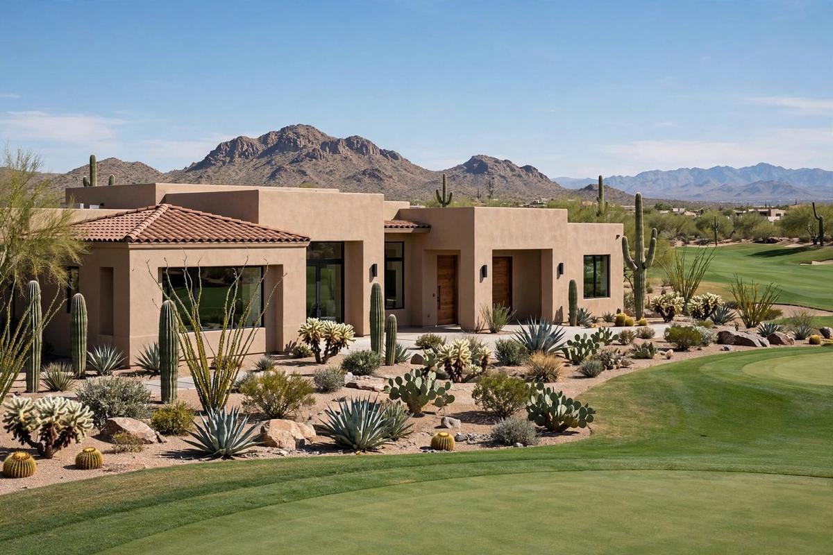 Luxury custom estate in Troon, Scottsdale, Arizona, with golf course views and desert landscaping.