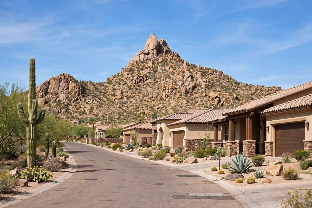 Residential street in North Scottsdale's Pinnacle Peak area, Arizona, with high-end desert contemporary homes on large acreage lots.
