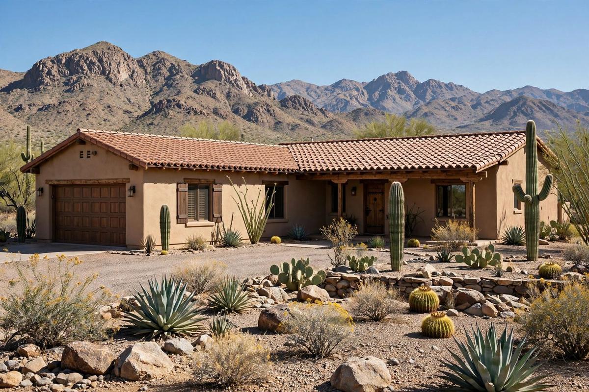 Upscale custom home in Fountain Hills, Arizona, with a mountain view and desert landscaping.