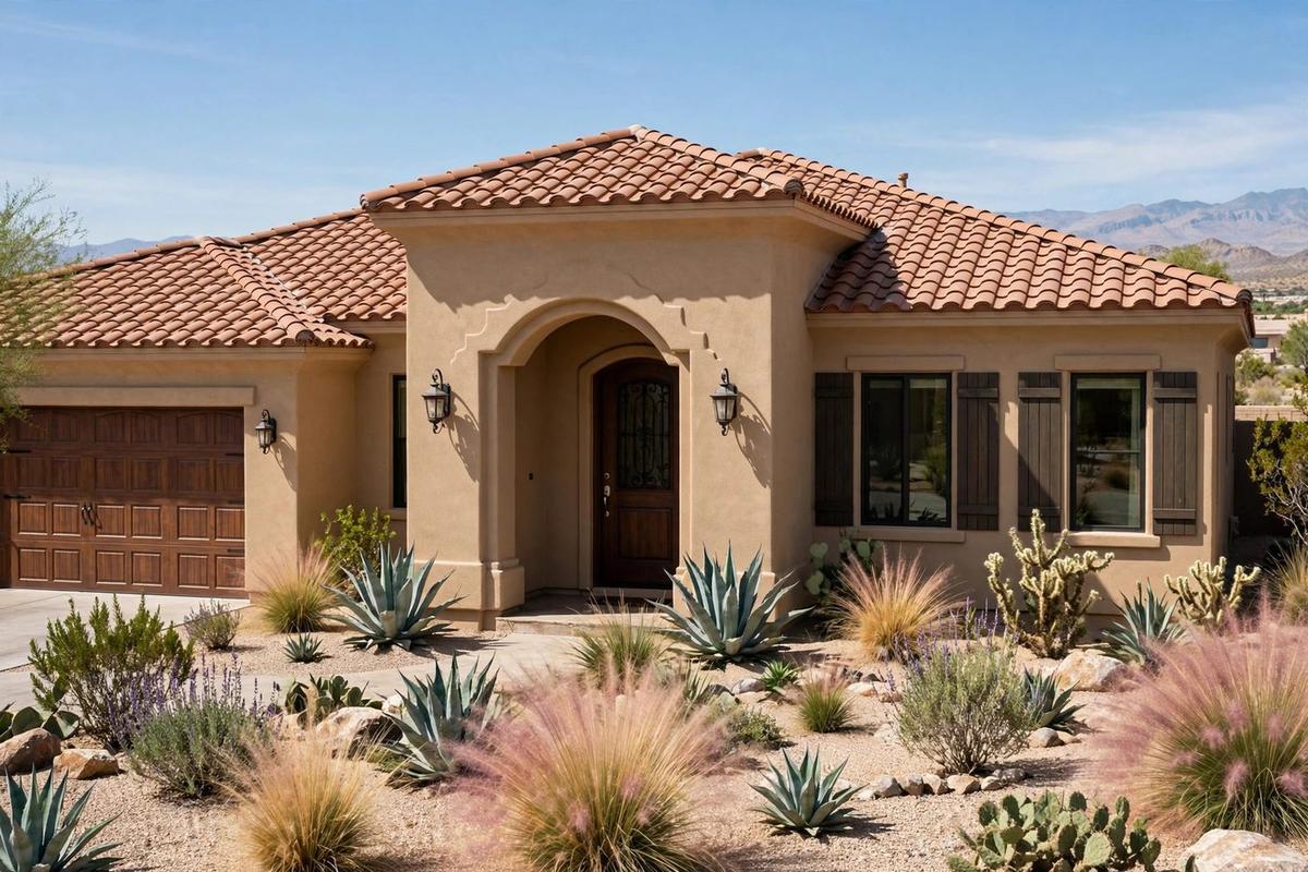Upscale Mediterranean-style home in Summerlin South, Las Vegas, Nevada, with manicured landscaping.