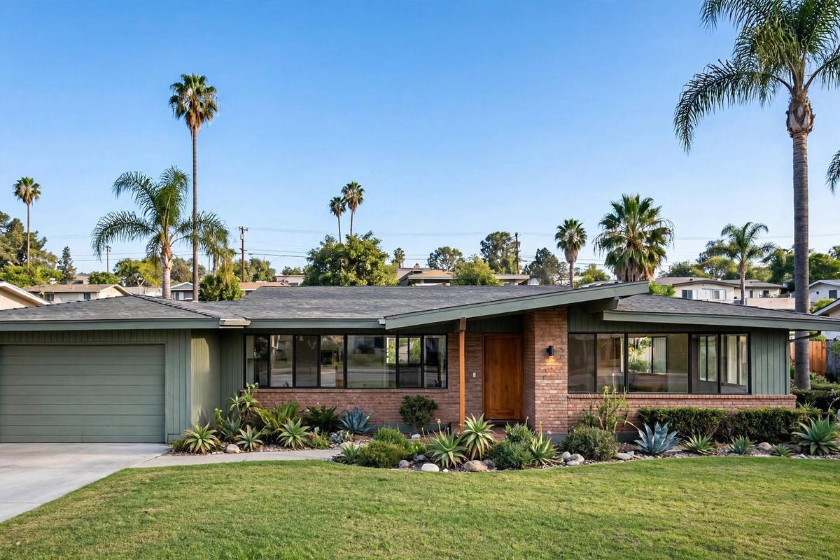 Upscale postwar bungalow in Mar Vista, Los Angeles, California, with a landscaped small front yard.