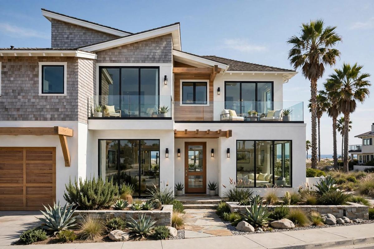 Upscale coastal home in Manhattan Beach, California, with beach-inspired architecture.