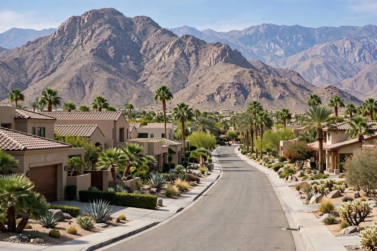 Photorealistic view of an upscale residential street in La Quinta, California, with desert contemporary homes, mountain views, and desert landscaping.