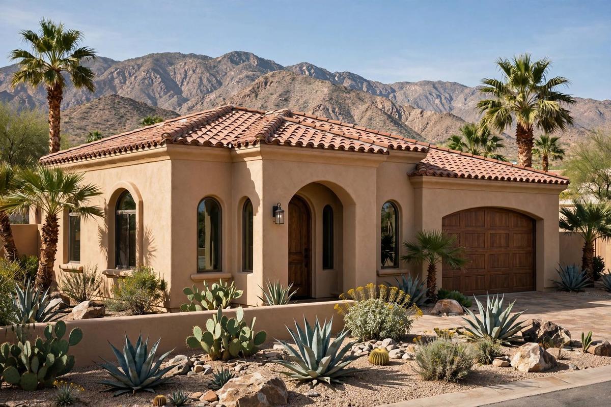 Photorealistic exterior of an upscale desert contemporary home in La Quinta, California, with manicured desert landscaping on a clear day.
