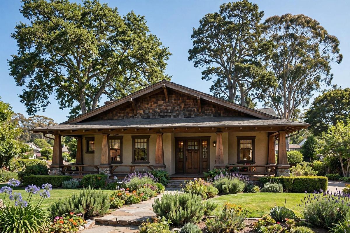 Photorealistic exterior of an upscale craftsman cottage home in Burlingame, California, with a manicured lawn on a clear day.