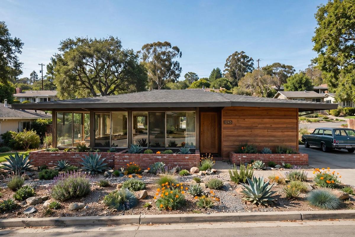 Photorealistic exterior of an upscale mid-century ranch home in Menlo Park, California, with a manicured lawn on a clear day.