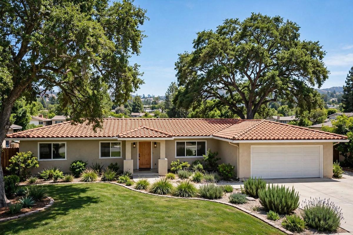Photorealistic exterior of an upscale Spanish revival home in Willow Glen, San Jose, California, with a manicured lawn on a clear day.