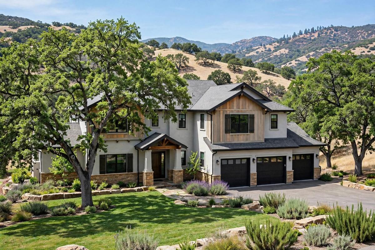 Photorealistic exterior of an upscale ranch home in El Dorado Hills, California, framed by oak trees with a manicured lawn.