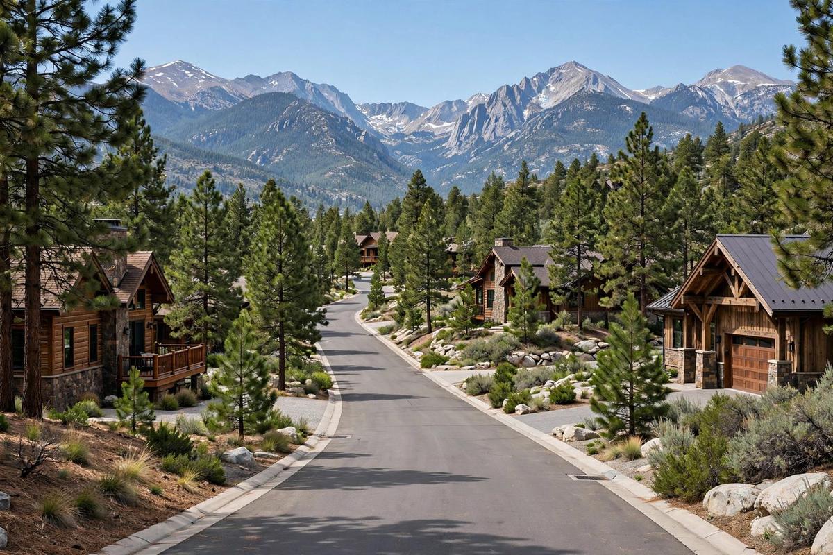 Photorealistic view of an upscale residential street in Truckee, California, with rustic mountain cabins on pine-covered lots in the Sierra Nevada.