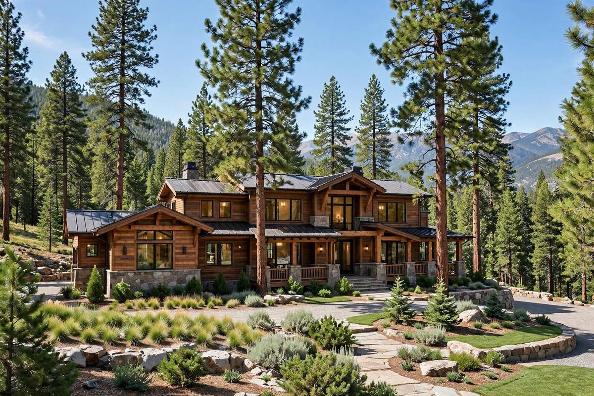 Photorealistic exterior of an upscale mountain rustic home in Truckee, California, surrounded by tall pines with manicured grounds.