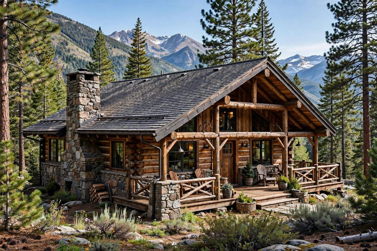 Home exterior of a mountain cabin in Truckee with mature pines, where sellers disclose mountain history fully and sell the lot underneath