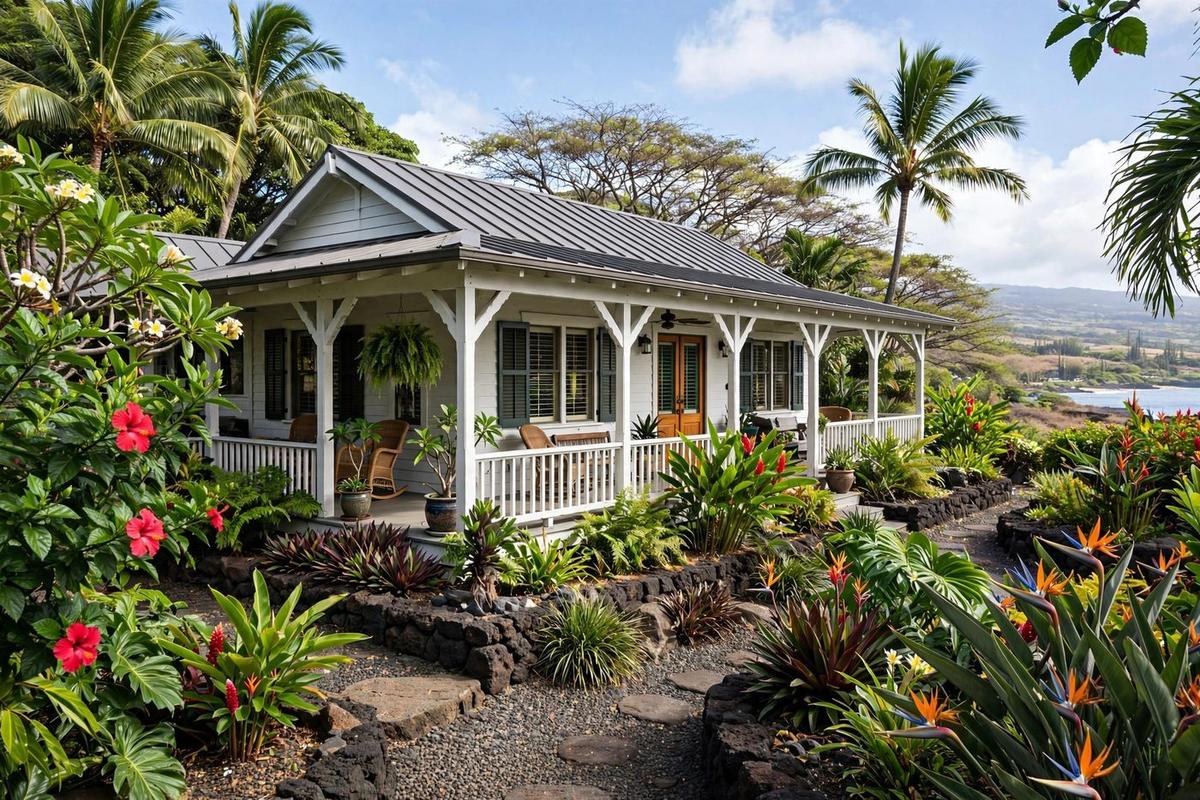 Photorealistic exterior of an upscale tropical plantation-style home in Kailua-Kona, Hawaii, with a manicured tropical lawn on a clear day.