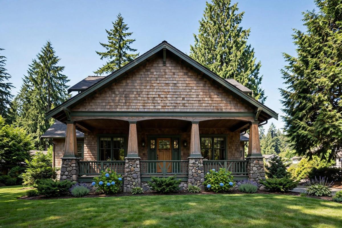 Photorealistic exterior of an upscale Pacific Northwest ranch home in Kirkland, Washington, among evergreens with a manicured lawn.