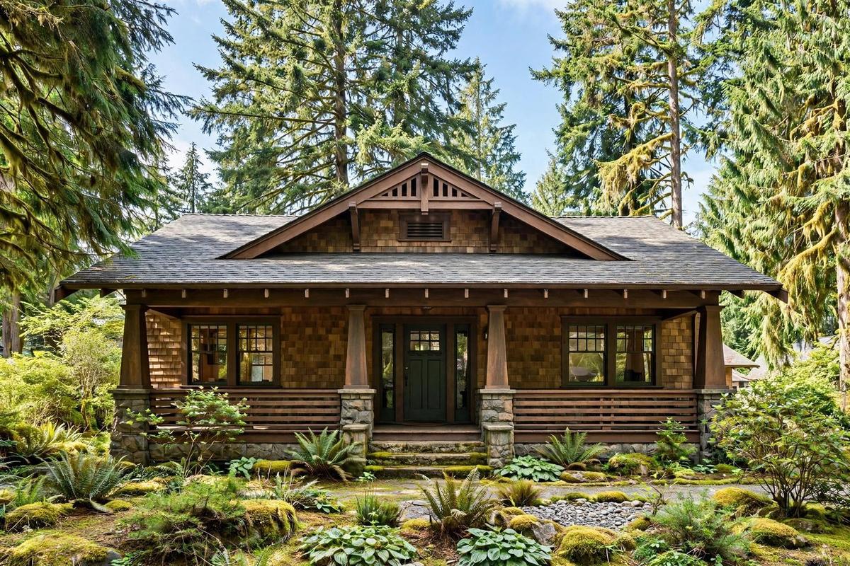 Photorealistic exterior of an upscale mid-century home in Wedgwood, Seattle, Washington, with a manicured lawn on a clear day.